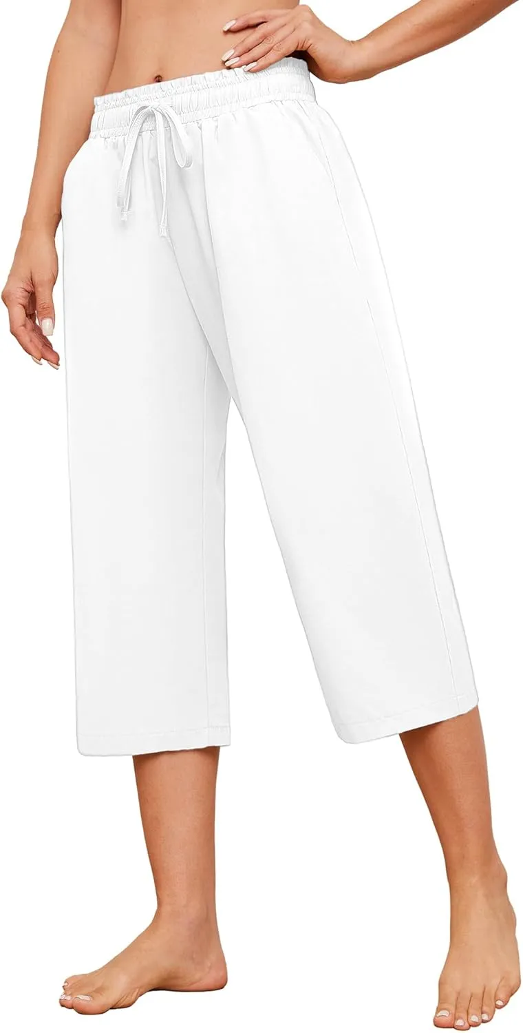 Capris Pants for Women Casual Summer High Waisted Drawstring Lounge Capris Pants Wide Leg Plus Size Hiking
