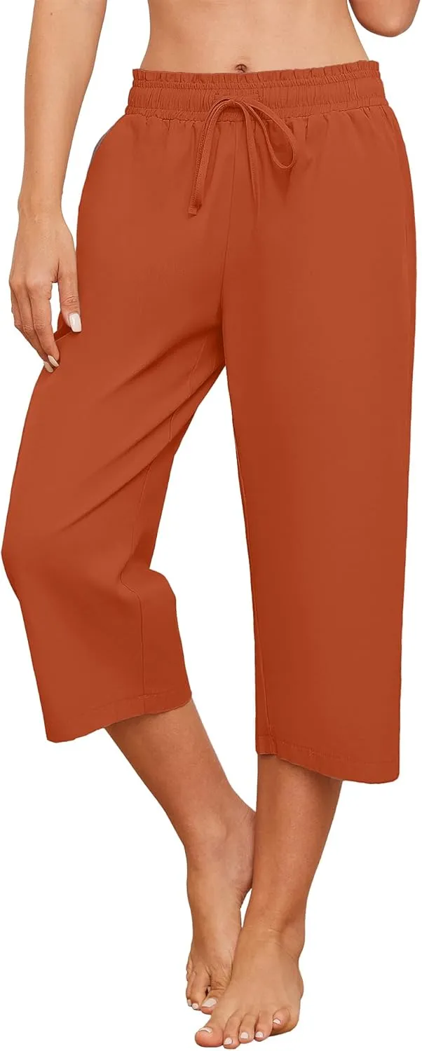 Capris Pants for Women Casual Summer High Waisted Drawstring Lounge Capris Pants Wide Leg Plus Size Hiking