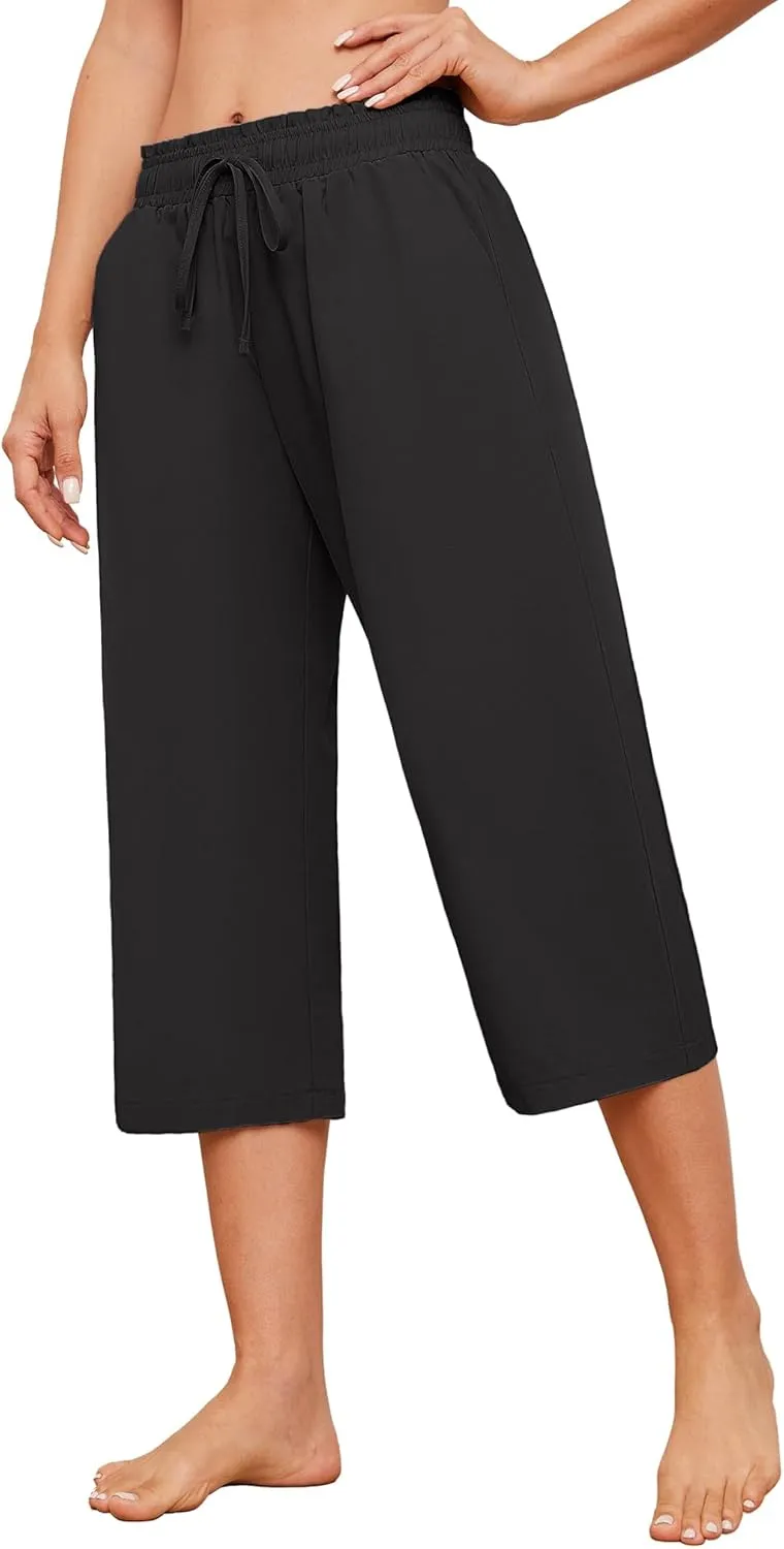 Capris Pants for Women Casual Summer High Waisted Drawstring Lounge Capris Pants Wide Leg Plus Size Hiking