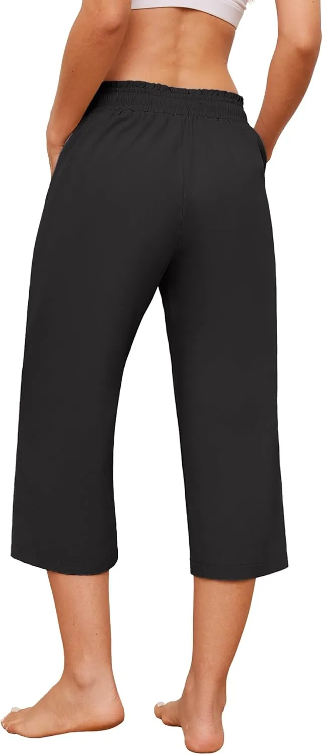 Capris Pants for Women Casual Summer High Waisted Drawstring Lounge Capris Pants Wide Leg Plus Size Hiking