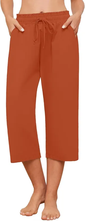 Capris Pants for Women Casual Summer High Waisted Drawstring Lounge Capris Pants Wide Leg Plus Size Hiking