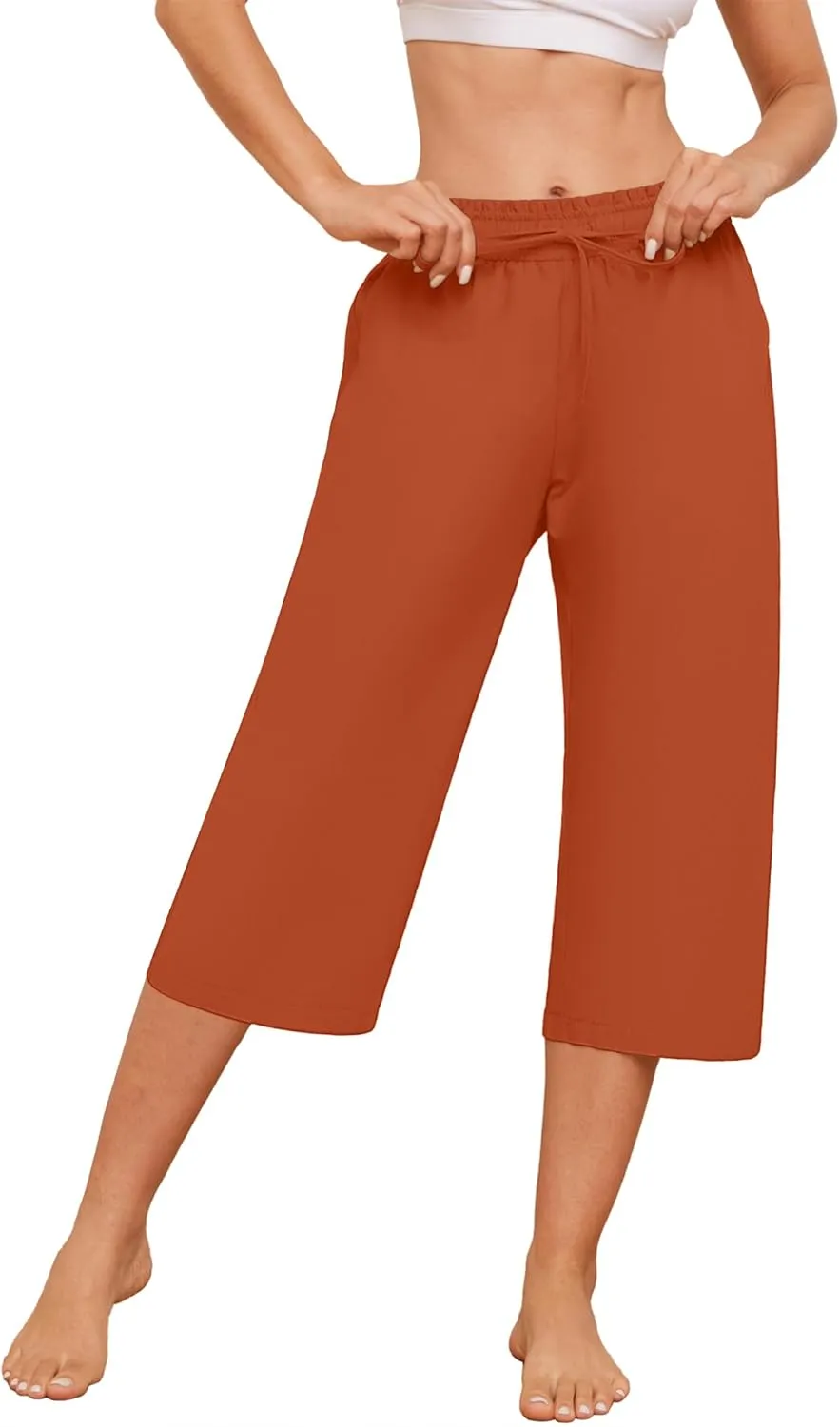 Capris Pants for Women Casual Summer High Waisted Drawstring Lounge Capris Pants Wide Leg Plus Size Hiking