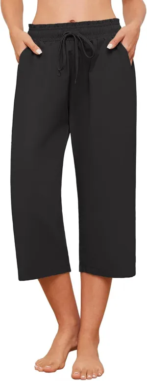 Capris Pants for Women Casual Summer High Waisted Drawstring Lounge Capris Pants Wide Leg Plus Size Hiking