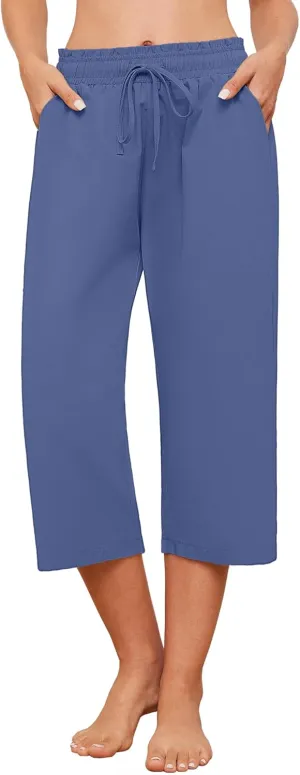 Capris Pants for Women Casual Summer High Waisted Drawstring Lounge Capris Pants Wide Leg Plus Size Hiking