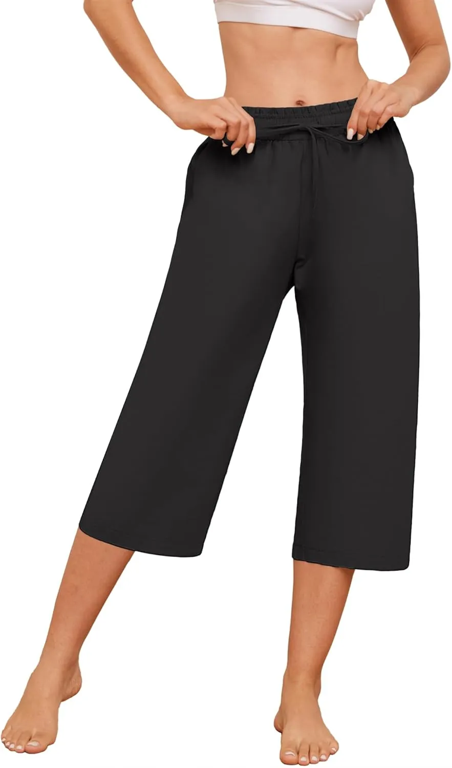 Capris Pants for Women Casual Summer High Waisted Drawstring Lounge Capris Pants Wide Leg Plus Size Hiking