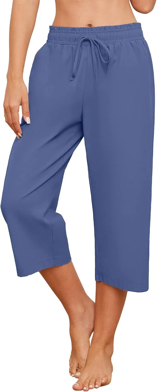 Capris Pants for Women Casual Summer High Waisted Drawstring Lounge Capris Pants Wide Leg Plus Size Hiking