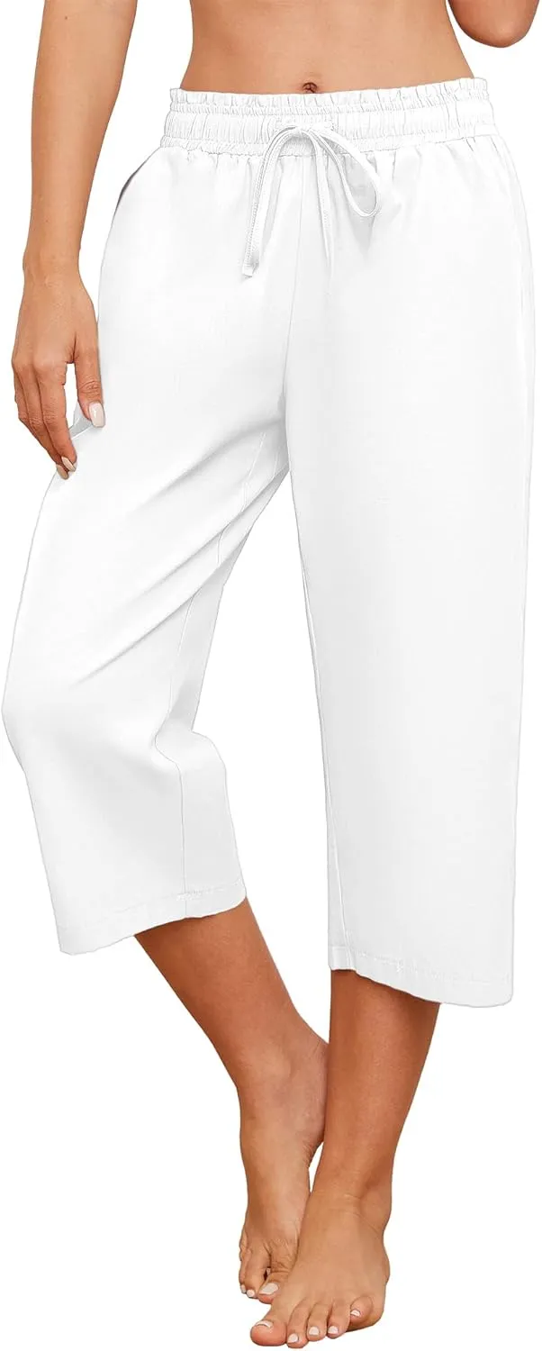 Capris Pants for Women Casual Summer High Waisted Drawstring Lounge Capris Pants Wide Leg Plus Size Hiking
