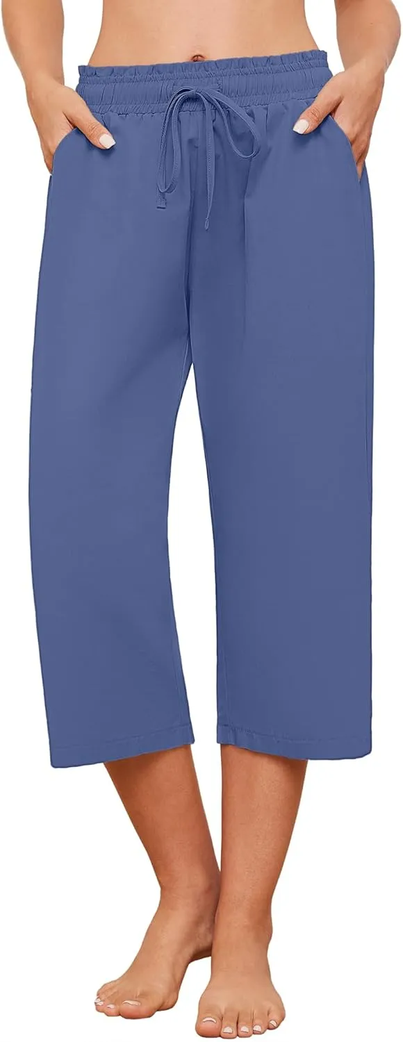 Capris Pants for Women Casual Summer High Waisted Drawstring Lounge Capris Pants Wide Leg Plus Size Hiking