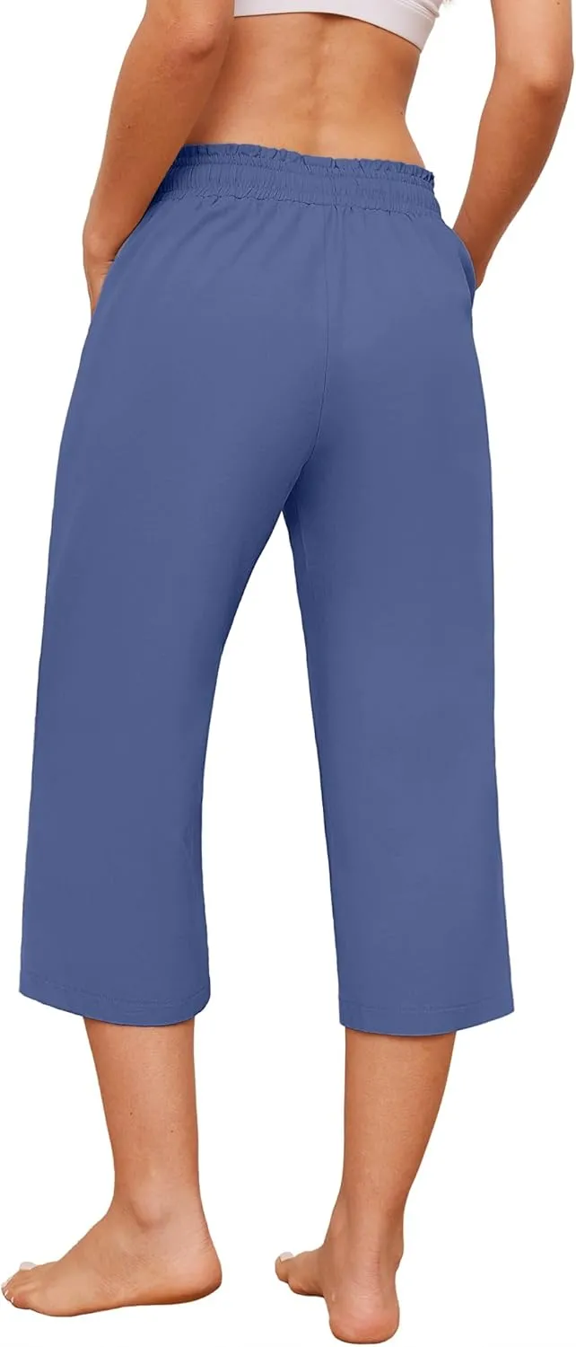 Capris Pants for Women Casual Summer High Waisted Drawstring Lounge Capris Pants Wide Leg Plus Size Hiking