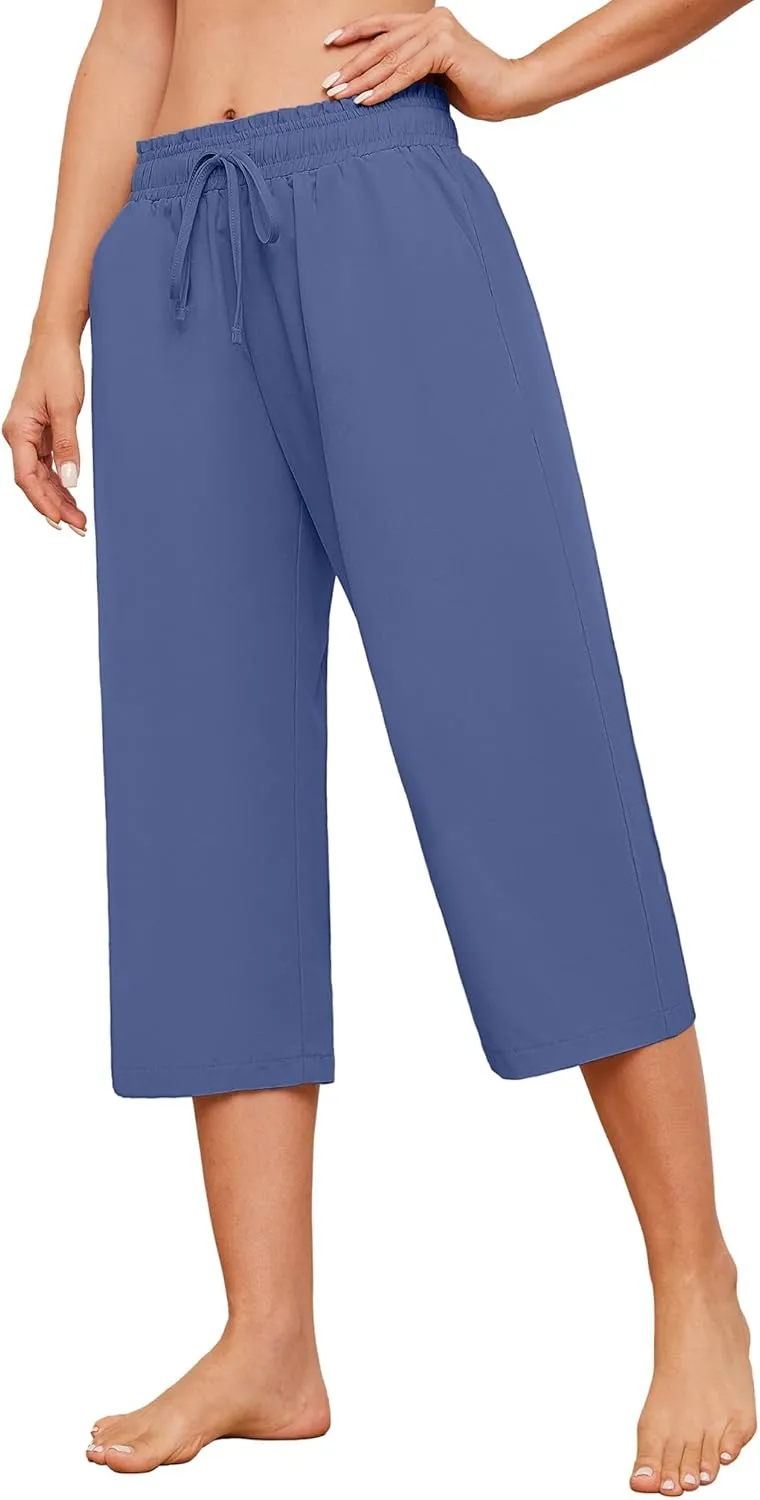 Capris Pants for Women Casual Summer High Waisted Drawstring Lounge Capris Pants Wide Leg Plus Size Hiking
