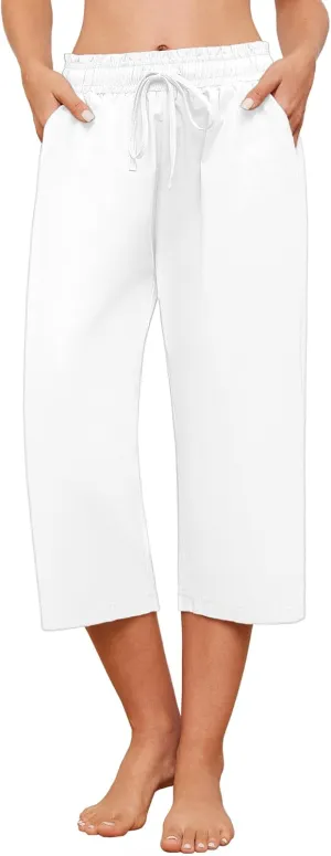 Capris Pants for Women Casual Summer High Waisted Drawstring Lounge Capris Pants Wide Leg Plus Size Hiking