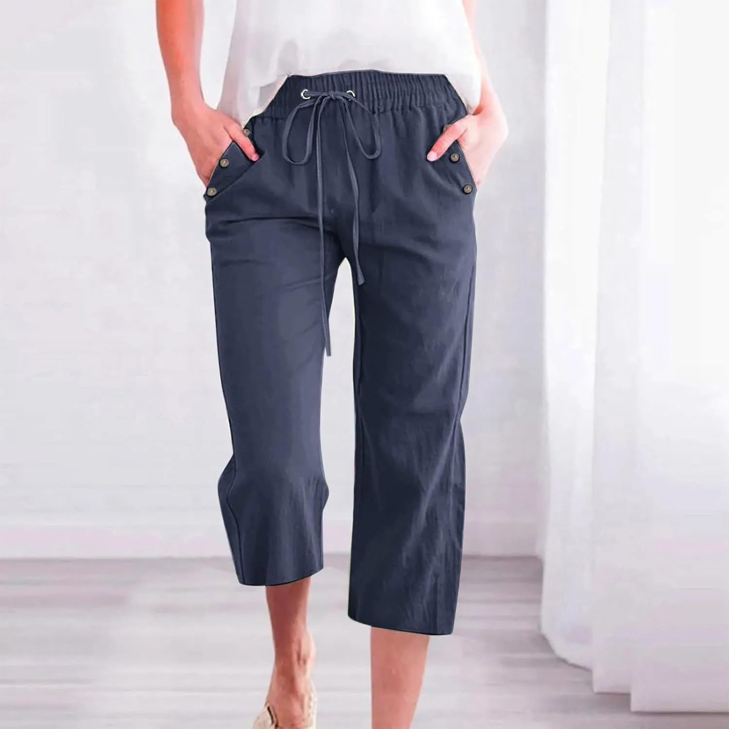 Capris Pants for Women Plus Size Cotton Linen Casual Summer Wide Leg Loose Drawstring Elastic Waist Cropped Trouser