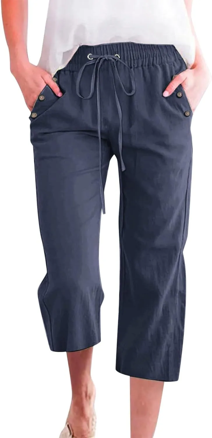 Capris Pants for Women Plus Size Cotton Linen Casual Summer Wide Leg Loose Drawstring Elastic Waist Cropped Trouser