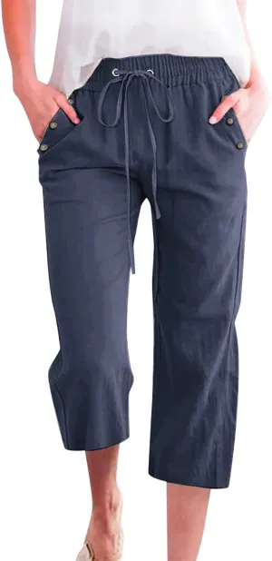 Capris Pants for Women Plus Size Cotton Linen Casual Summer Wide Leg Loose Drawstring Elastic Waist Cropped Trouser