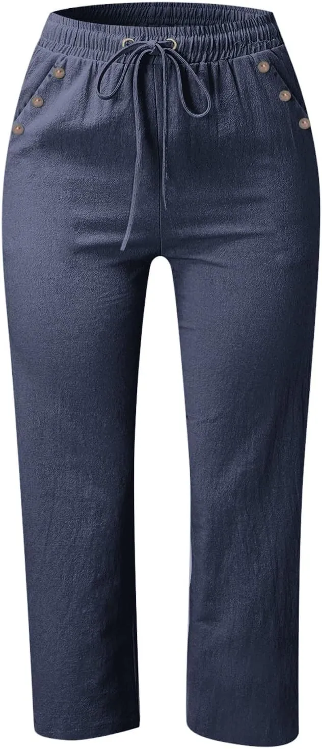 Capris Pants for Women Plus Size Cotton Linen Casual Summer Wide Leg Loose Drawstring Elastic Waist Cropped Trouser