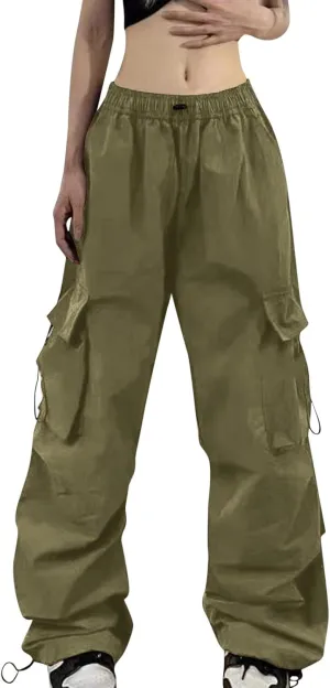 Cargo Pants for Women Elastic High Waisted Wide Leg Pants Summer Casual Loose Streetwear Y2K Trousers with Pockets