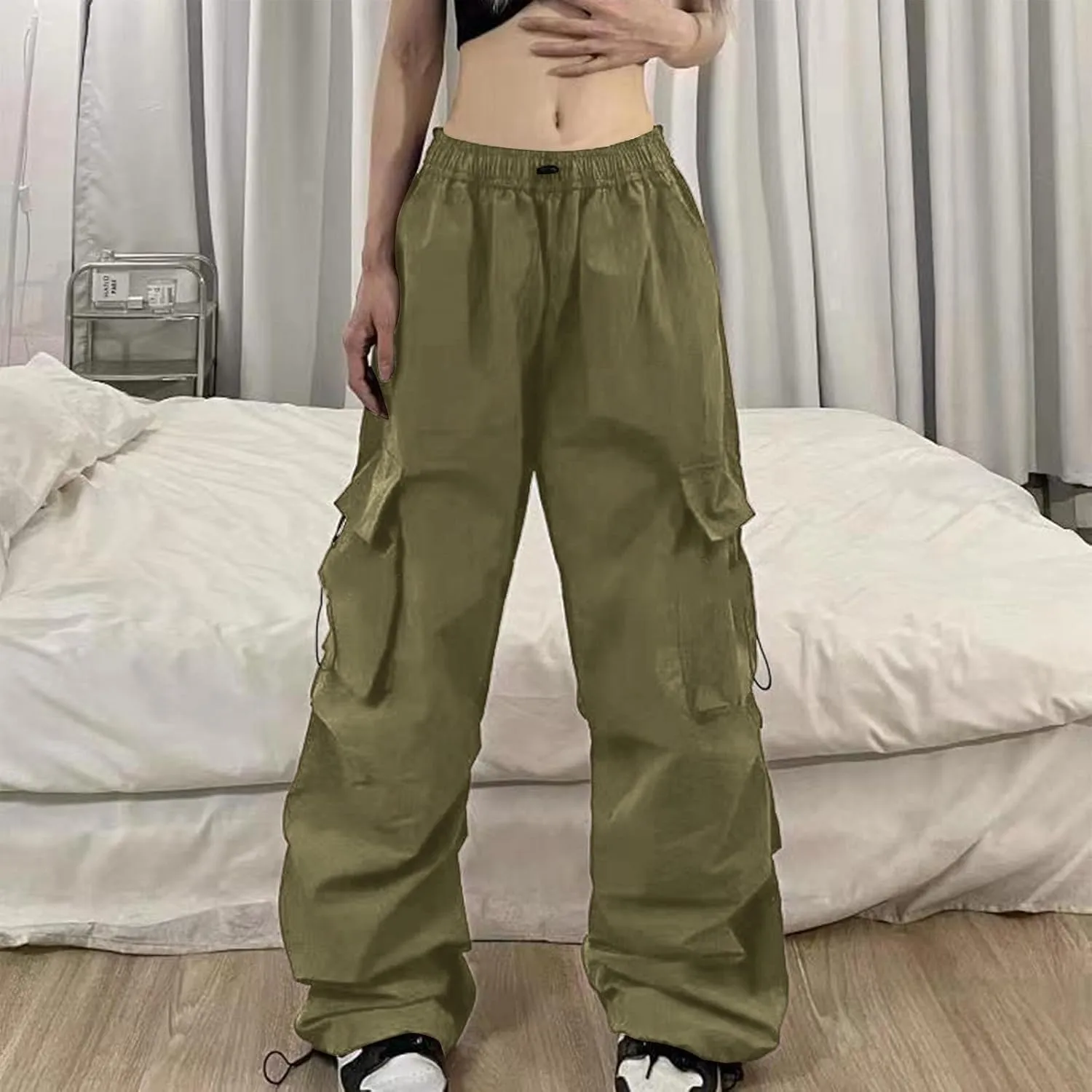 Cargo Pants for Women Elastic High Waisted Wide Leg Pants Summer Casual Loose Streetwear Y2K Trousers with Pockets