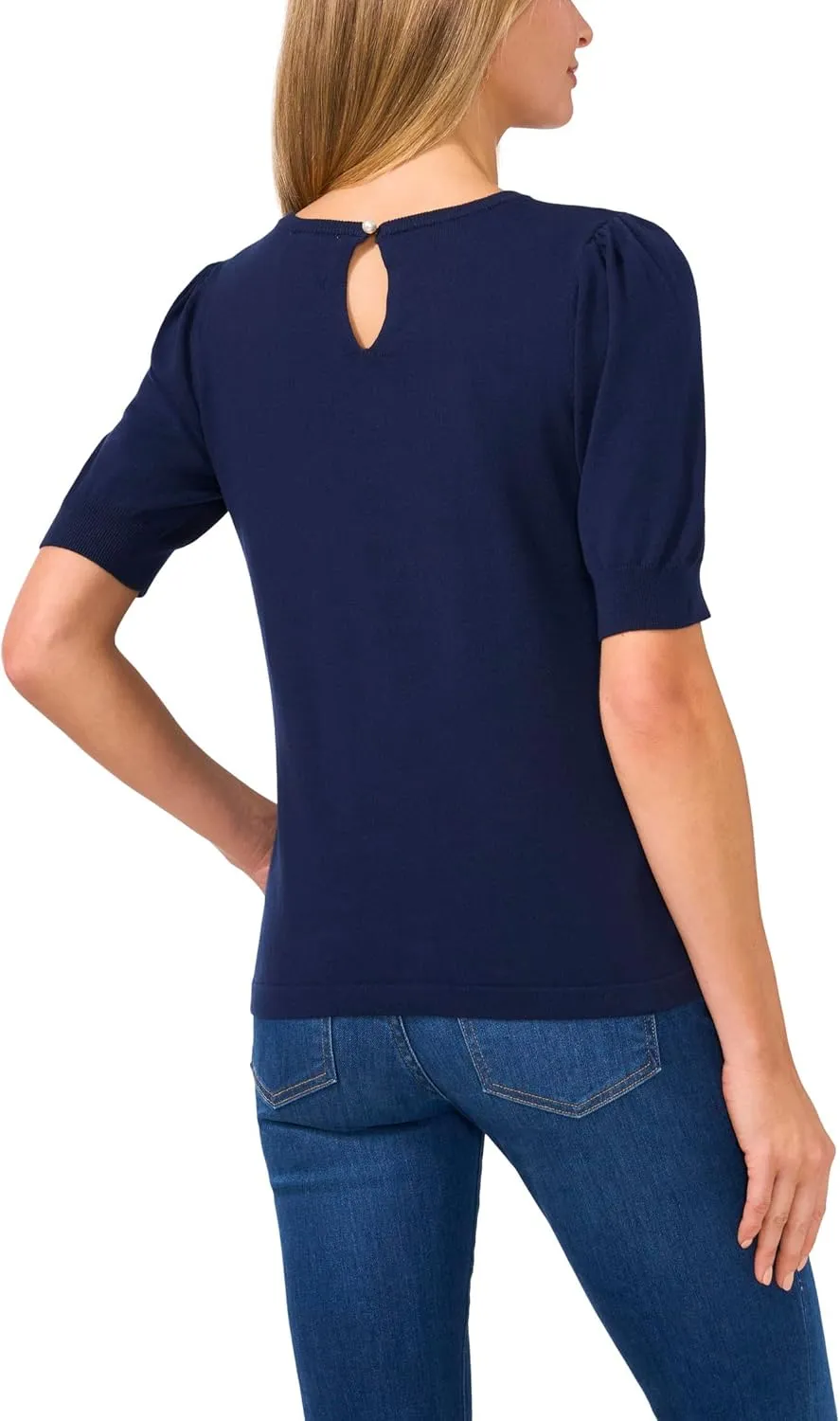 CeCe Women's Short Sleeve Crew Neck Pearl Button Back Sweater