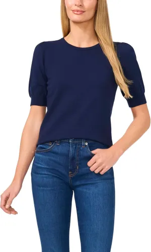 CeCe Women's Short Sleeve Crew Neck Pearl Button Back Sweater