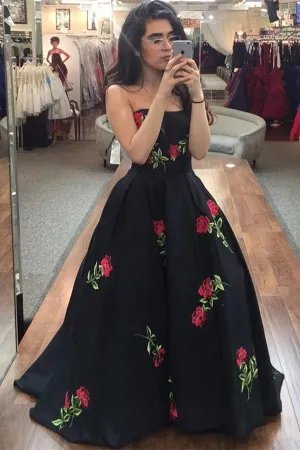 Charming Black Strapless Long Prom Dress Evening Dress