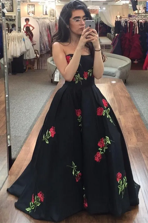 Charming Black Strapless Long Prom Dress Evening Dress