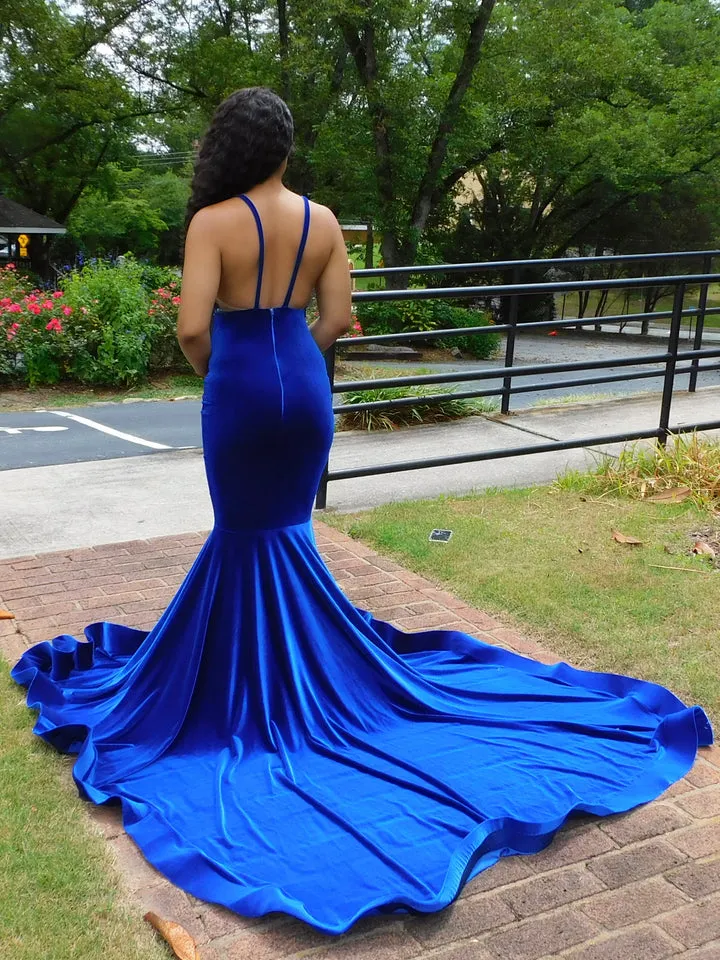 Charming Blue Spaghetti Straps V-neck Transparent lace Column Mermaid Prom Dresses