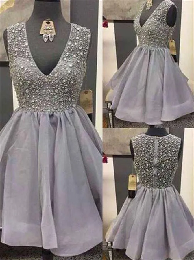 Charming Gray Short V-neck Beading Homecoming Dress Party Dress