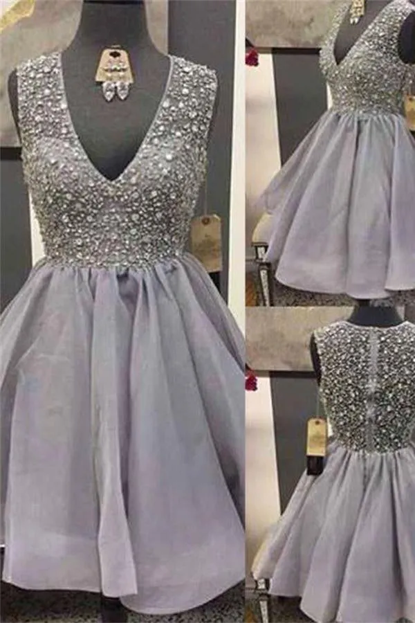 Charming Gray Short V-neck Beading Homecoming Dress Party Dress