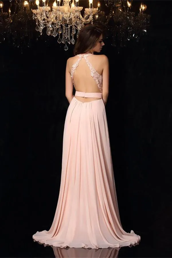 Charming Pink V-neck Open Back Lace Chiffon Prom Dresses