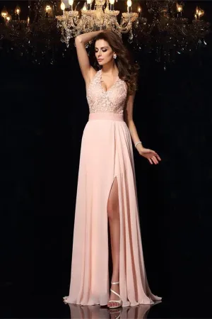 Charming Pink V-neck Open Back Lace Chiffon Prom Dresses