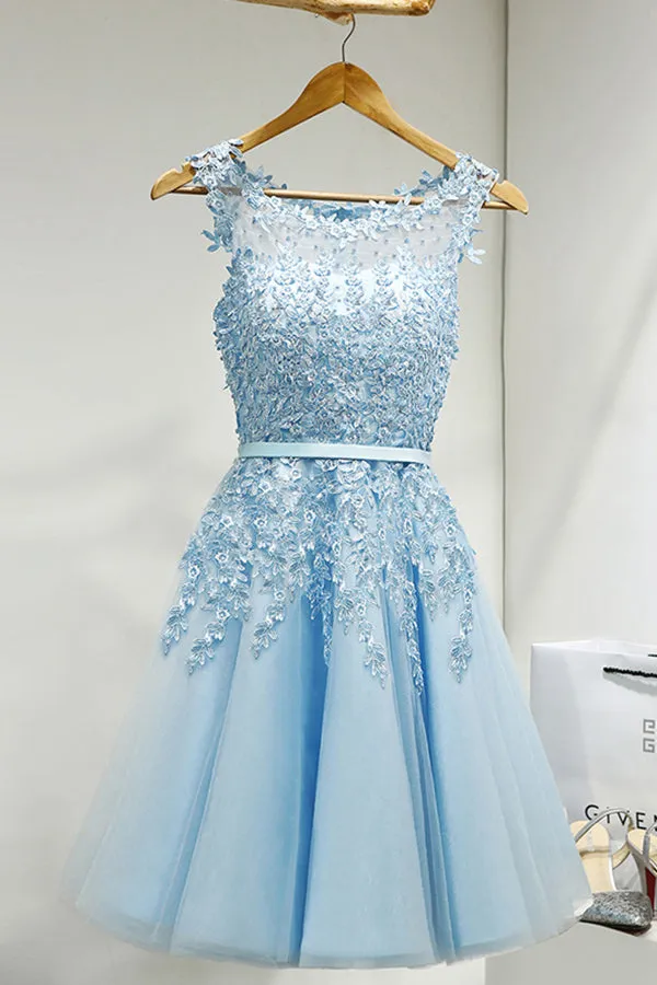 Charming Sky Blue Short Tulle Lace Beading Homecoming Dress
