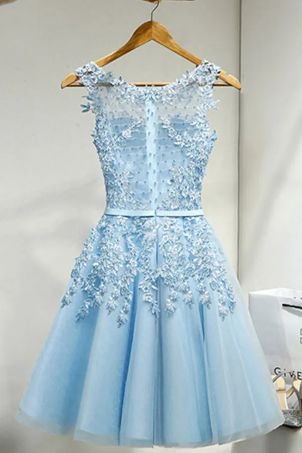 Charming Sky Blue Short Tulle Lace Beading Homecoming Dress