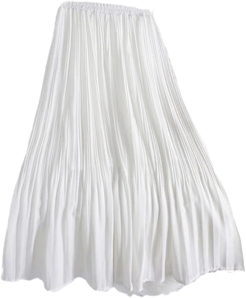 Chiffon Pleated Midi Skirt, Women Casual Simple Style Skirt, Solid A Line Elastic High Waist Long Skirt
