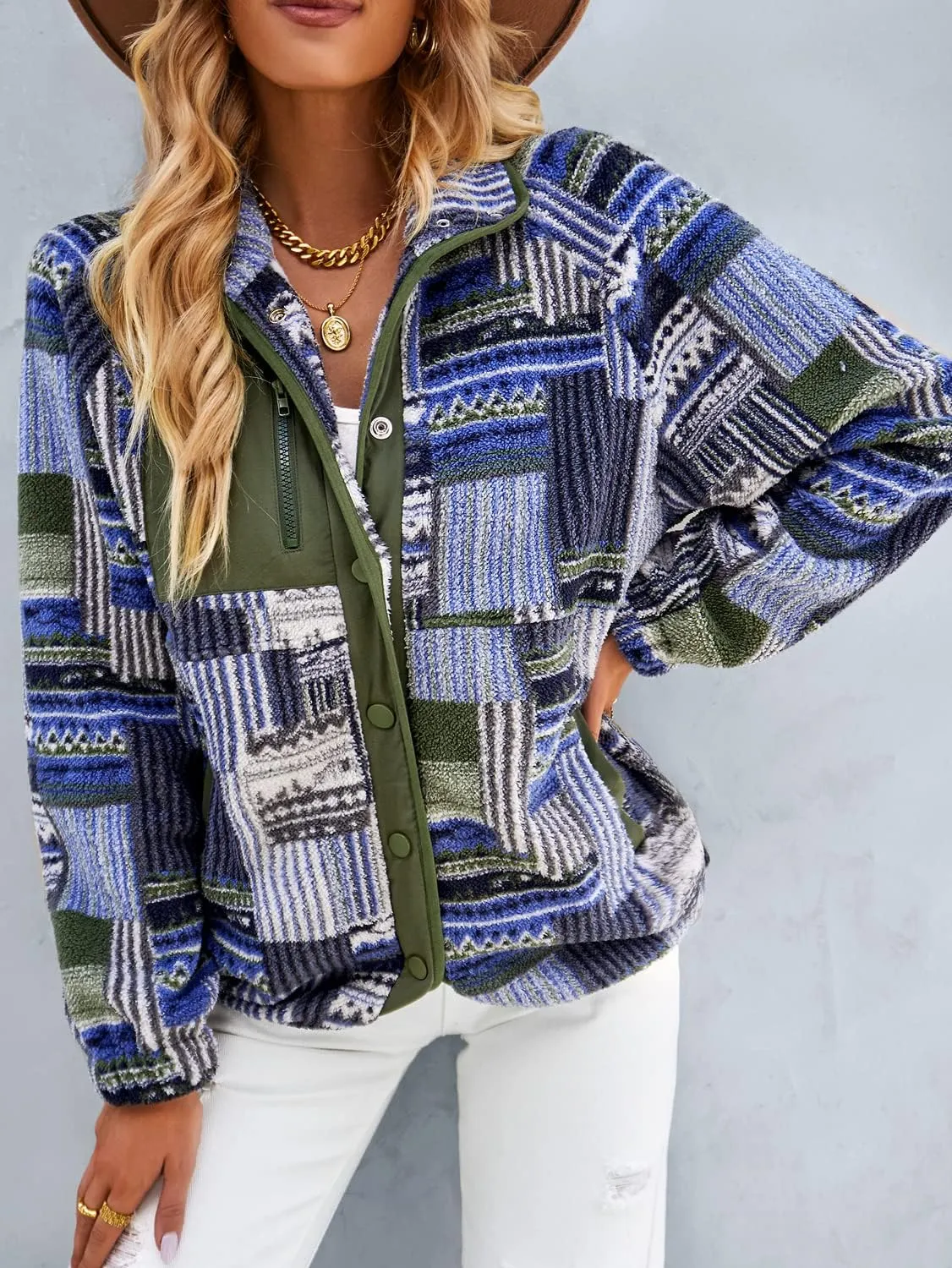 chouyatou Women's Fleece Jacket Tribal Aztec Print Long Sleeve Button Down Shacket Jacket Coats
