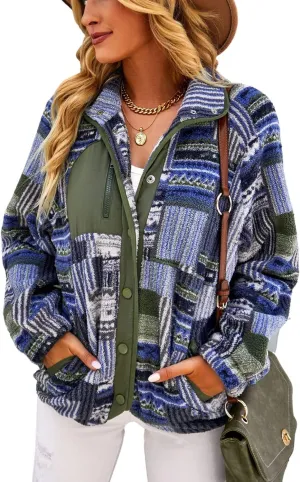 chouyatou Women's Fleece Jacket Tribal Aztec Print Long Sleeve Button Down Shacket Jacket Coats