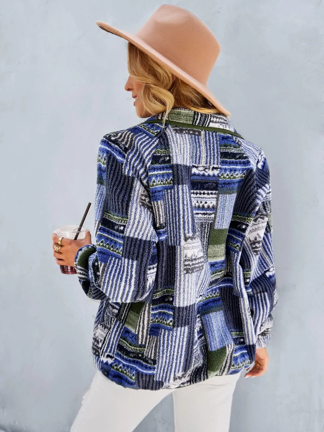 chouyatou Women's Fleece Jacket Tribal Aztec Print Long Sleeve Button Down Shacket Jacket Coats