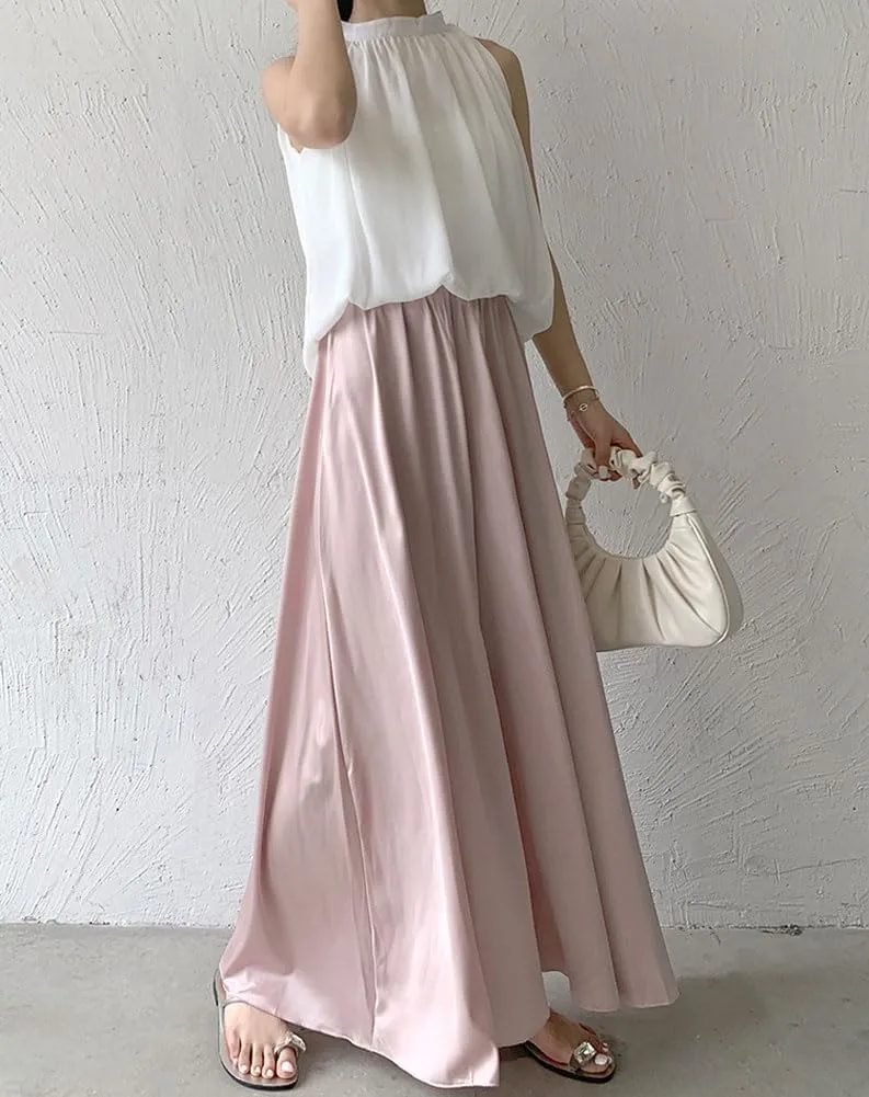 chouyatou Women's Satin Silky Wide Leg Culotte Pants High Elastic Waist Party Dress Casual Palazzo Pants