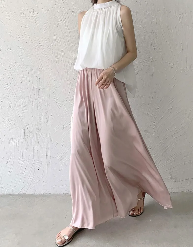 chouyatou Women's Satin Silky Wide Leg Culotte Pants High Elastic Waist Party Dress Casual Palazzo Pants