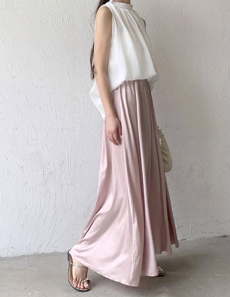 chouyatou Women's Satin Silky Wide Leg Culotte Pants High Elastic Waist Party Dress Casual Palazzo Pants