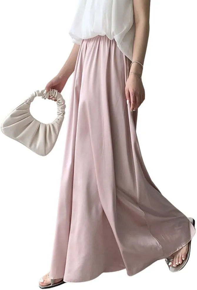 chouyatou Women's Satin Silky Wide Leg Culotte Pants High Elastic Waist Party Dress Casual Palazzo Pants