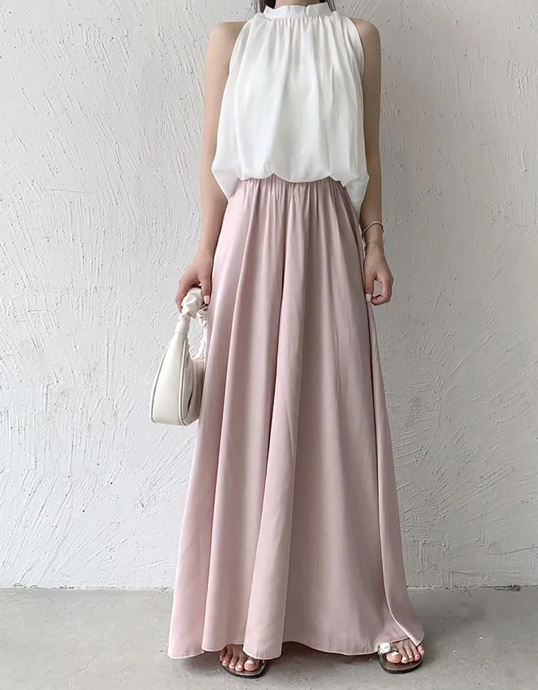 chouyatou Women's Satin Silky Wide Leg Culotte Pants High Elastic Waist Party Dress Casual Palazzo Pants