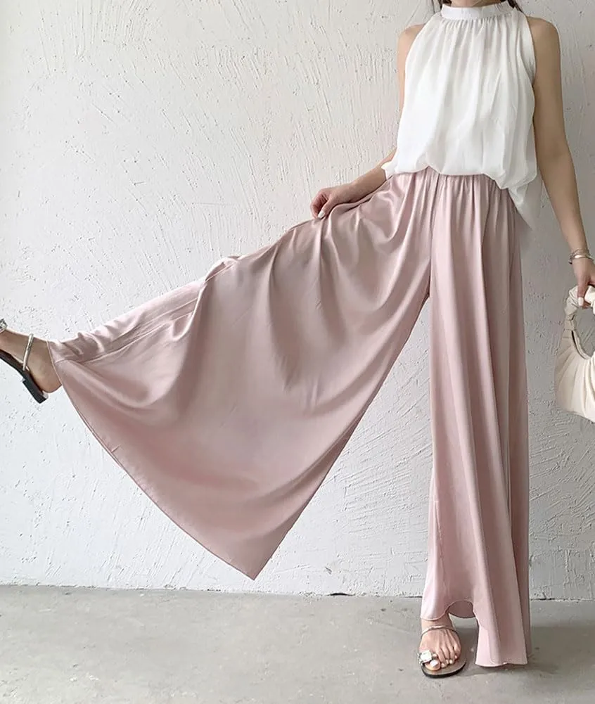 chouyatou Women's Satin Silky Wide Leg Culotte Pants High Elastic Waist Party Dress Casual Palazzo Pants