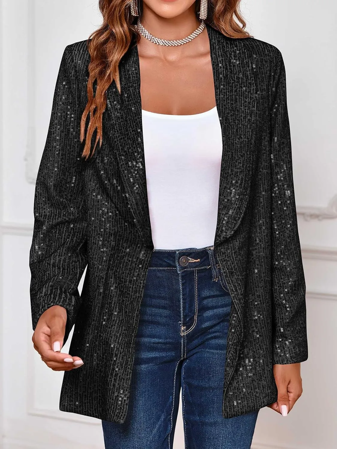 Cicy Bell Women's Sequin Shiny Blazer Casual Laple Long Sleeve Sparkly Party Jackets Blazer