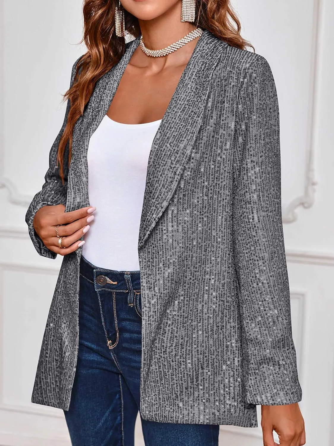 Cicy Bell Women's Sequin Shiny Blazer Casual Laple Long Sleeve Sparkly Party Jackets Blazer
