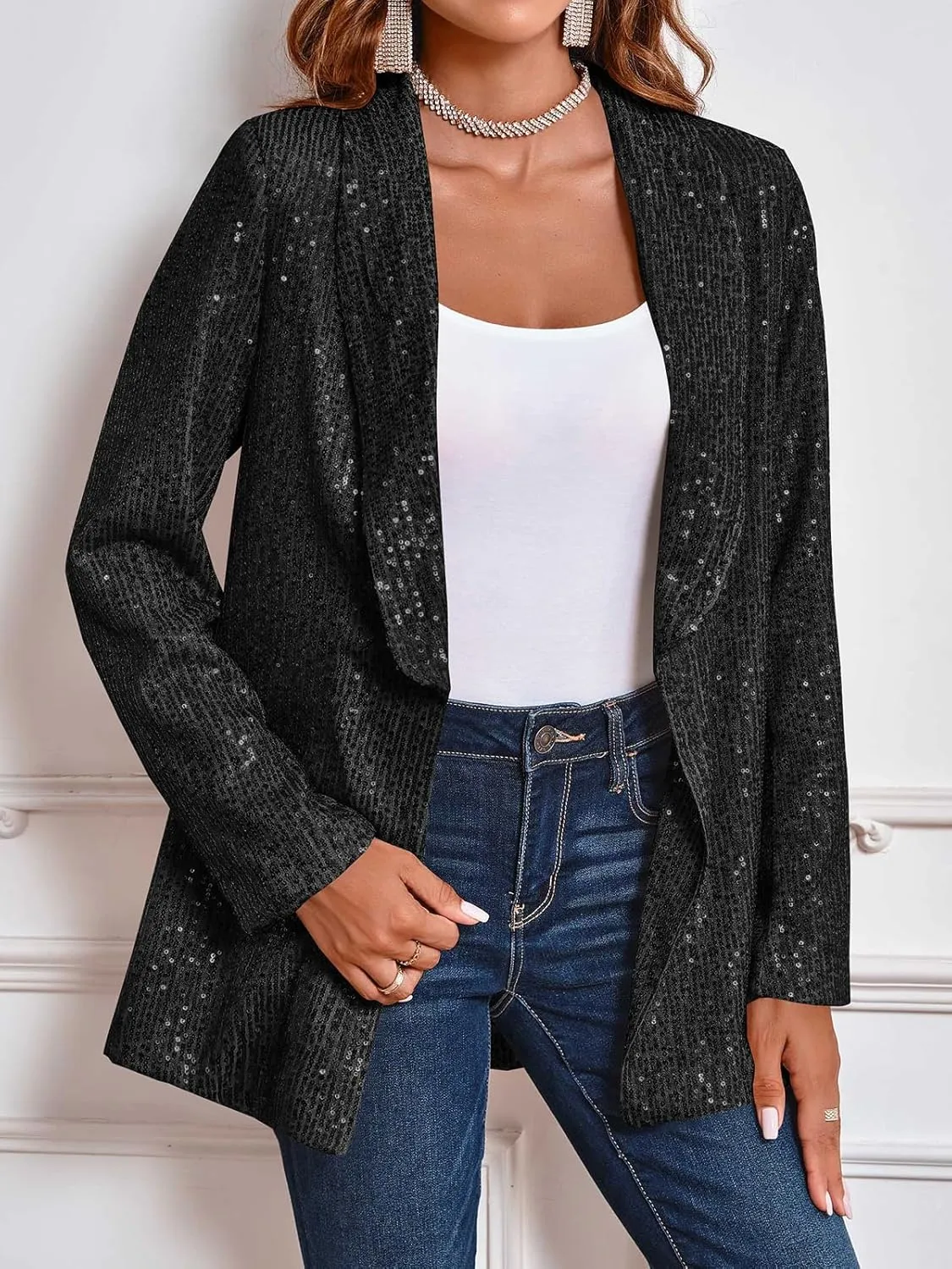 Cicy Bell Women's Sequin Shiny Blazer Casual Laple Long Sleeve Sparkly Party Jackets Blazer