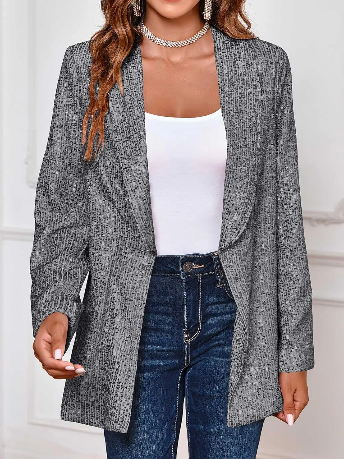 Cicy Bell Women's Sequin Shiny Blazer Casual Laple Long Sleeve Sparkly Party Jackets Blazer