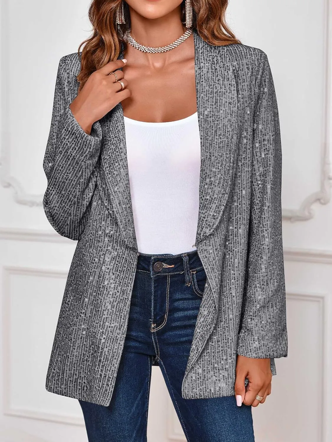 Cicy Bell Women's Sequin Shiny Blazer Casual Laple Long Sleeve Sparkly Party Jackets Blazer