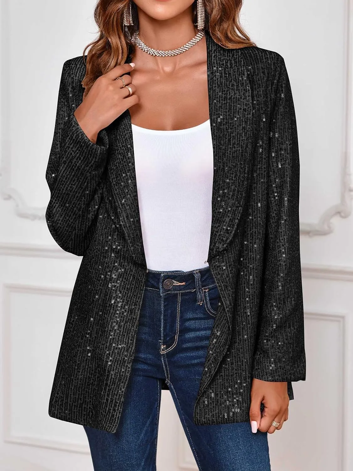 Cicy Bell Women's Sequin Shiny Blazer Casual Laple Long Sleeve Sparkly Party Jackets Blazer