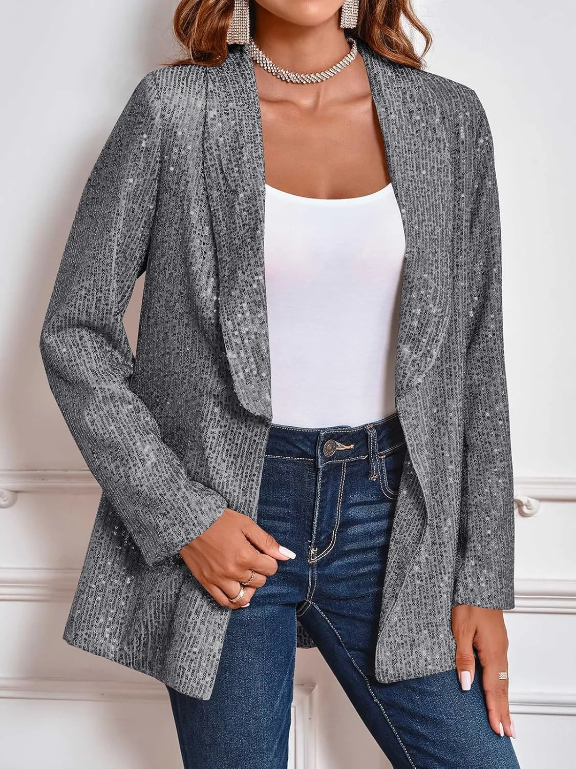Cicy Bell Women's Sequin Shiny Blazer Casual Laple Long Sleeve Sparkly Party Jackets Blazer