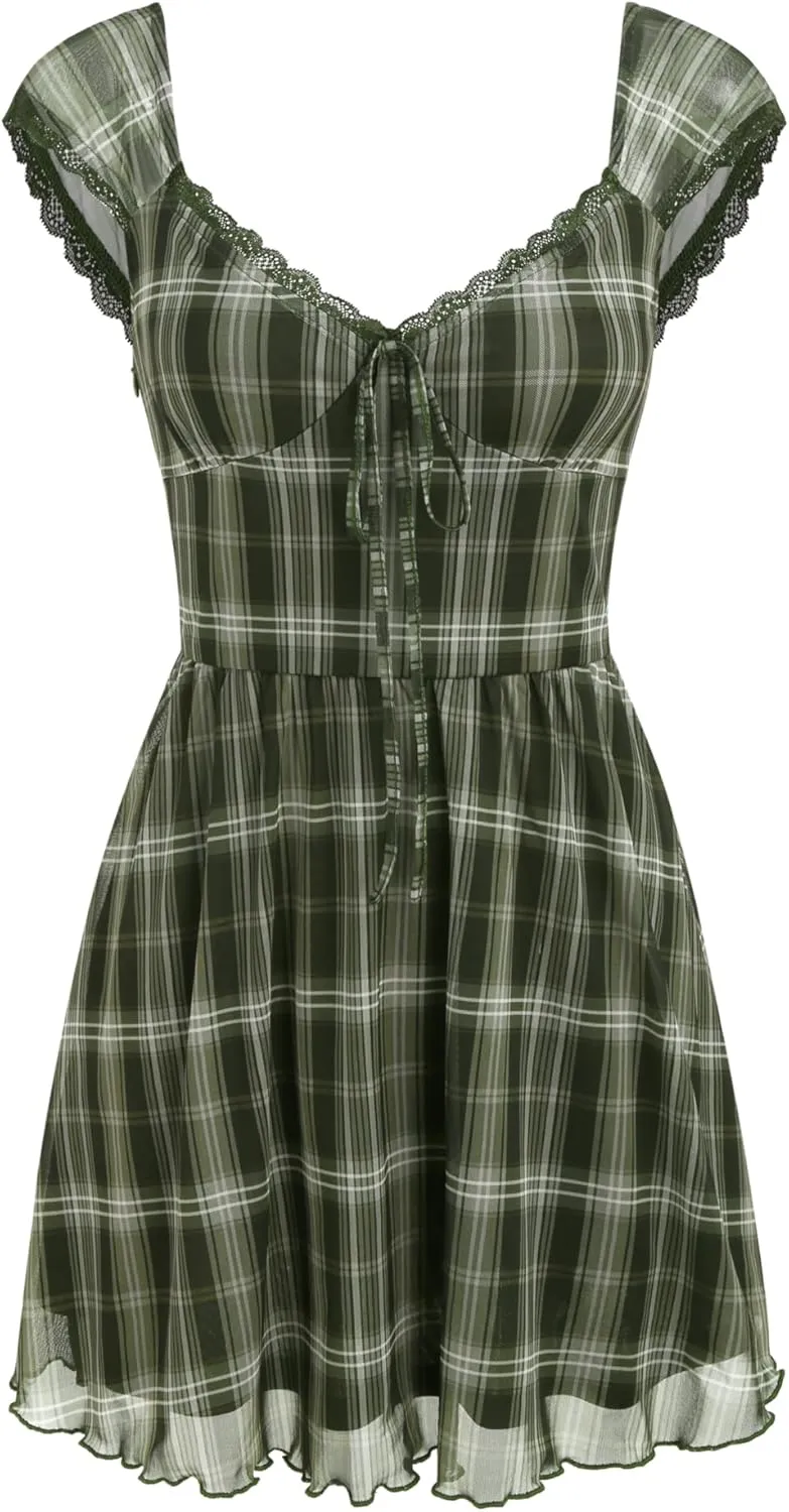 CIDER Women's Gingham Mini Dress Summer Sundress Casual V Neck Flowy Cute Teen Short Seelve Ruffle Dress